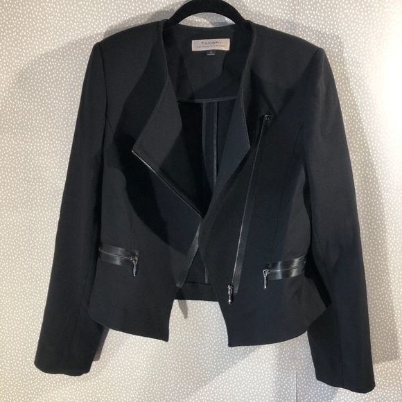 Tahari Jackets & Blazers - Tahari Black Moto Jacket Coat Leather Accents 6